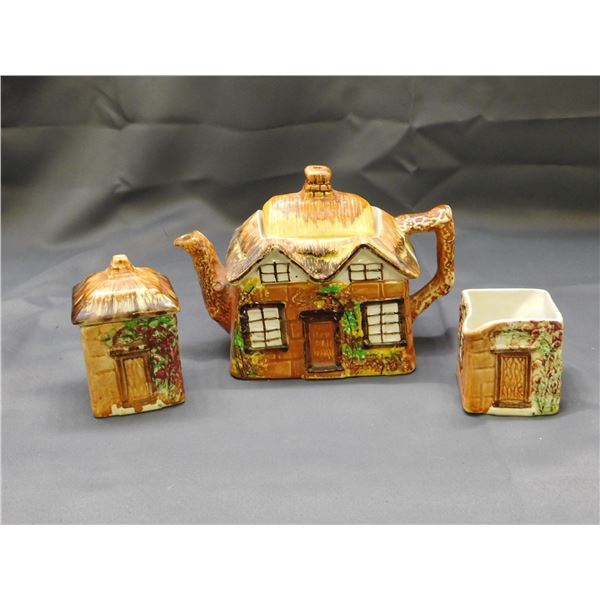 Price Bros Made in England Little Cottage House Tea Pot, Cream and Sugar Set