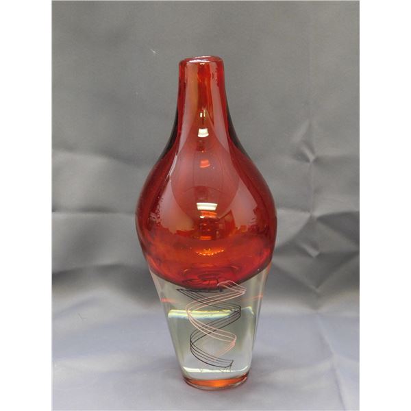 Heavy Art Glass Blown Glass Vase Red & Swirl Pattern