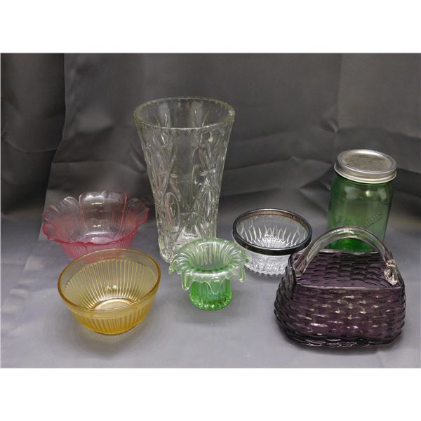 7pcs Assorted Art Glass, Colorful Glass Amber & Pink Bowls, Woven Purse Basket, Mason Jar, Etc