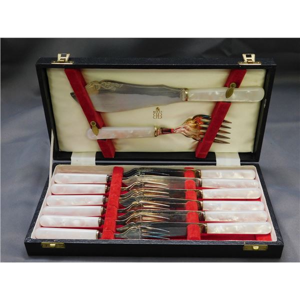 Mother of Pearl Birks Cutlery Flatware Set in Presentation Box 6 Forks, 6 Knives, Spatula, Server