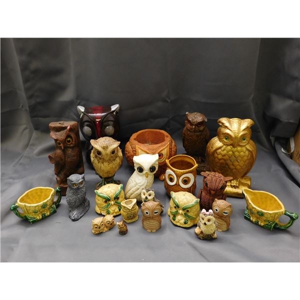 Lot of Assorted Owl Figurines, Planters, Cream & Sugar, Ceramic & Polystone