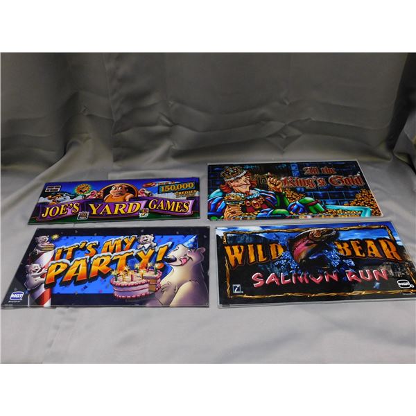 Lot of 4 Glass Marquee Slot Machine Cabinet Signs Salmon Run, Kingpin Bowling, Wild Taxi, Etc