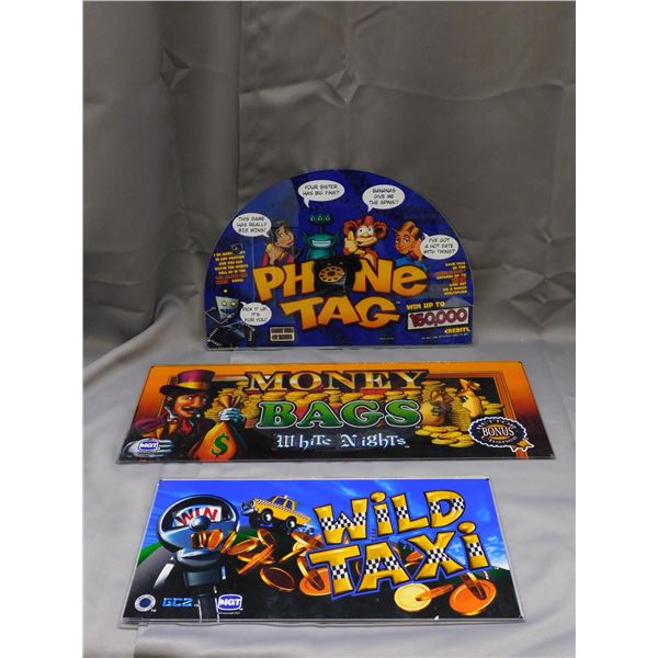 Lot of 3 Glass Marquee Slot Machine Cabinet Signs Phone Tag, Money Bags Wild Taxi, IGT