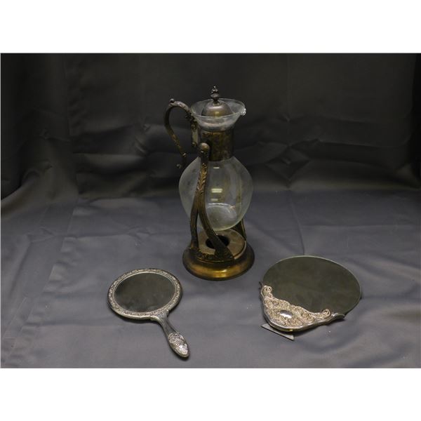 Lot of 3 Vintage Carafe Burner on Brass Stand, Hand Mirror & Desk Mirror