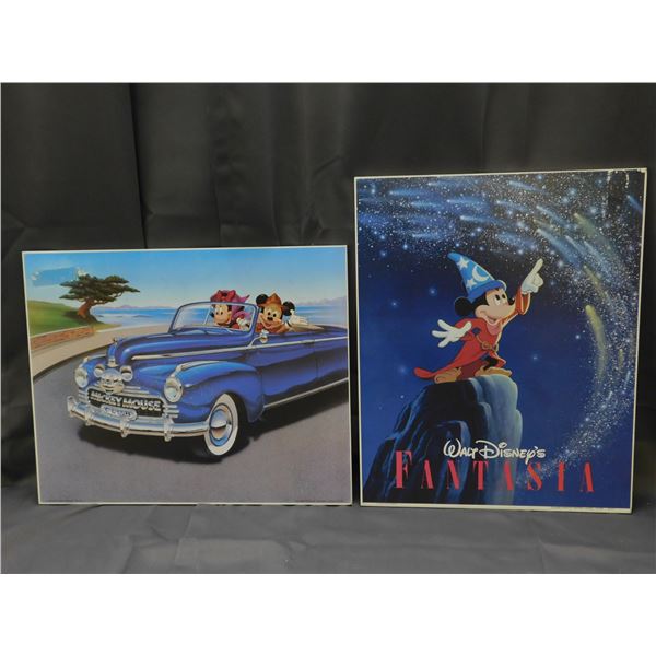 Lot of 2 Wood Printed Walt Disney Mickey Mouse Fantasia & Mickey Mouse Club Minnie & Mickey Car Ride