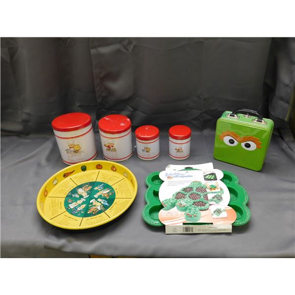 Lot of Assorted Vintage Kitchen Canister Set, Lunch Box, Muffin Tray, Serving Tray