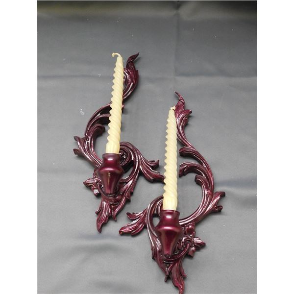 Pair of Wine Red Wall Sconces / Candle Holders