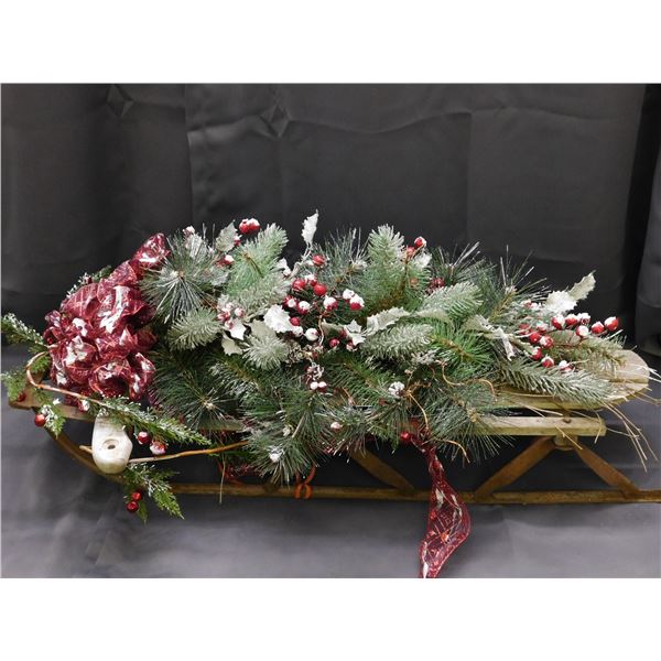 Holiday Christmas Sleigh Decoration Snow Frosted Holly & Pine