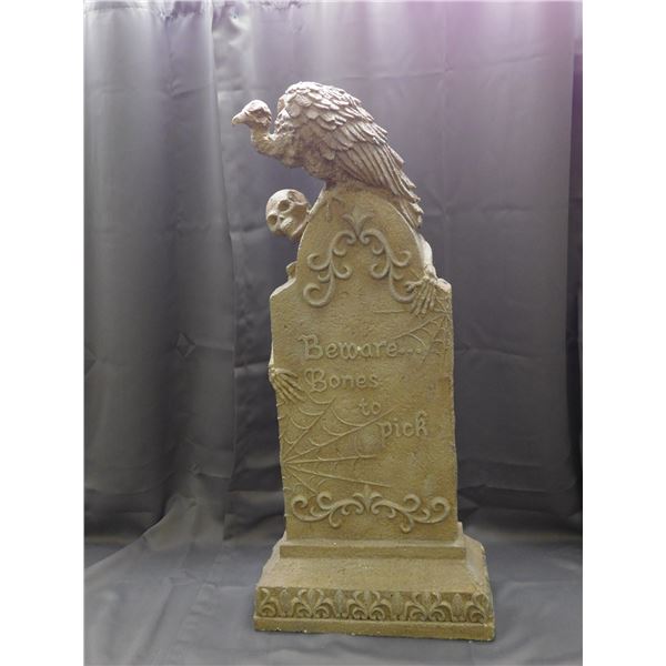 Heavy Resin Sculpted Tombstone Decoration 3ft "Beware...Bones To Pick" with Vulture & Skeleton