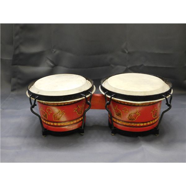 Bongo Drum with Red Wooden Base, Animal Hide
