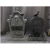 Image 1 : Pair of Polystone Tombstone Halloween Decorations w Perched Crows BEWARE & Sparkling Detail