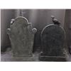 Image 4 : Pair of Polystone Tombstone Halloween Decorations w Perched Crows BEWARE & Sparkling Detail