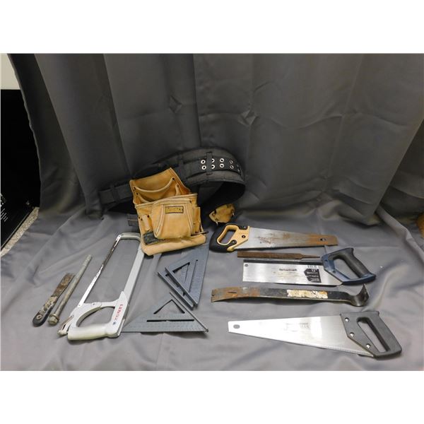 Lot of Assorted Hand Saws, Tree Saw, Tool Belt, Etc
