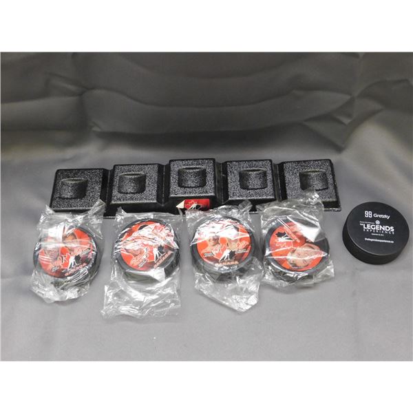 Mcdonalds 2002 Canadian Olympic Team Hockey Pucks and Stand