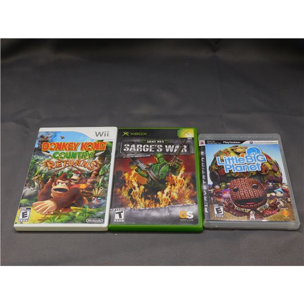 Lot of 3 Video Games Nintendo Wii Donkey Kong, Sarge's War XBOX, Little Big Planet PS3