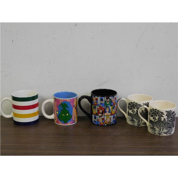 Lot of 5 Coffee Mugs Grinch, Hudson Bay Candy Stripe, DC Superhero, Etc