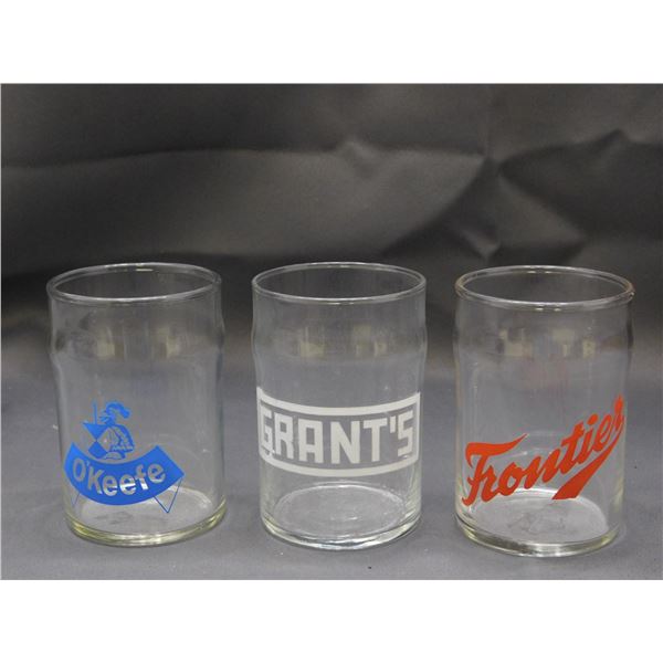 Lot of 3 Beer Advertising Glasses O-Keefe, GRANT'S, Frontier