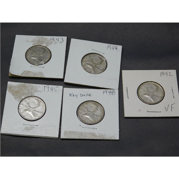 Lot of circa 1940s Silver Canadian Quarters 1942, 43, 44, 45, 48