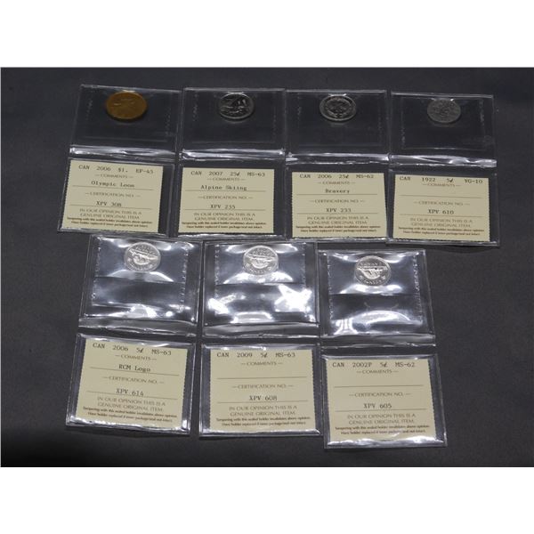 Lot of 7 Graded Canadian Coins 1922 Nickel, 2006 Loonie, Quarter, Nickel, Etc