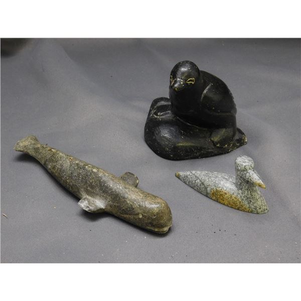 3 Soapstone Carvings Artist Signed Bird 1981, Steve Genalle 2013 Small Loon, Unmarked