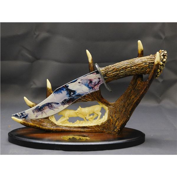 Decorative 12" Total Length Wolf Knife w/Stand Resin Antler Style
