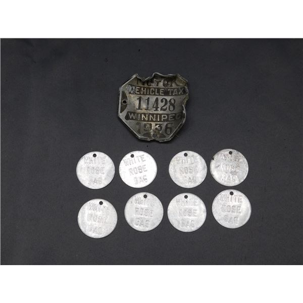 1936 Motor Vehicle Tax Car Emblem, White Rose Gas Metal Tags