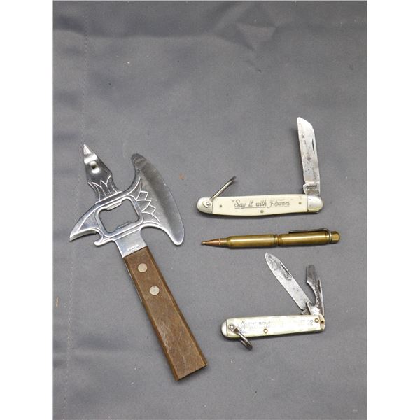 Lot of Folding Pocket Knives & Bottle Opener, Bullet Pen