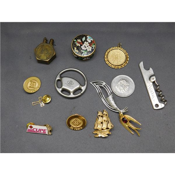 Lot of Assorted Knick Knacks, Cloisonné Trinket Box, Jewelry, Keychain, Etc