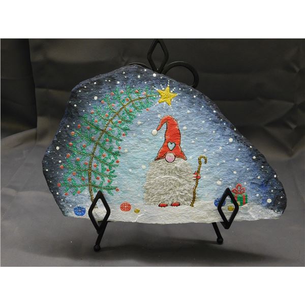 Painted Holiday Festive Stone Gnome Artist Signed with Display Stand