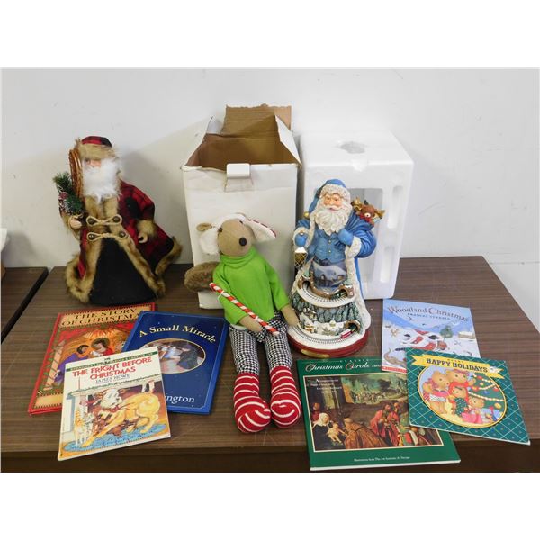 Lot of Christmas Holiday Decorations, Books, Thomas Kinkade Santa Claus Resin Figurine, Etc