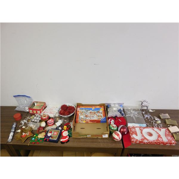 LARGE Bundle of Christmas Ornaments, Napkins, Decorations, Tins Boxes Etc