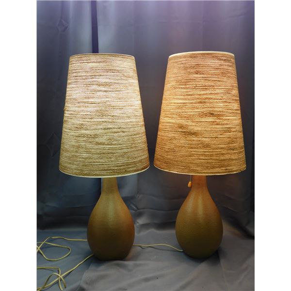 Pair of Vintage Mid Century Modern Lotte Table Lamps Stoneware Base Fibreglass & Cotton Shades