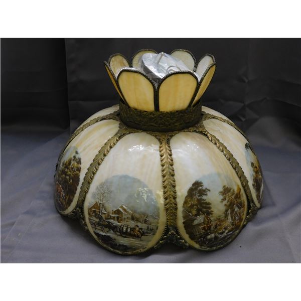 Currier & Ives Ornate Painted Glass & Metal Bronze Trim Vintage Ceiling Fixture