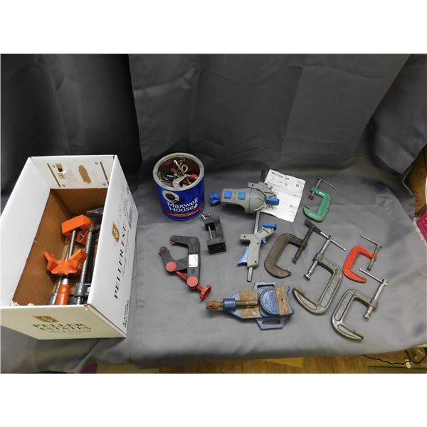 Box of Assorted Clamps Various Styles, Sizes , Etc