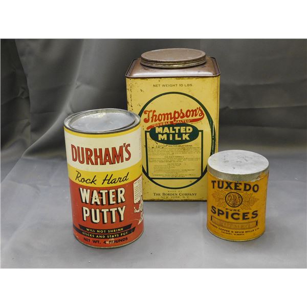 Lot of 3 Vintage Antique Household Tins Thompsons Malted Milk, Durhams Water Putty, Tuxedo Spices