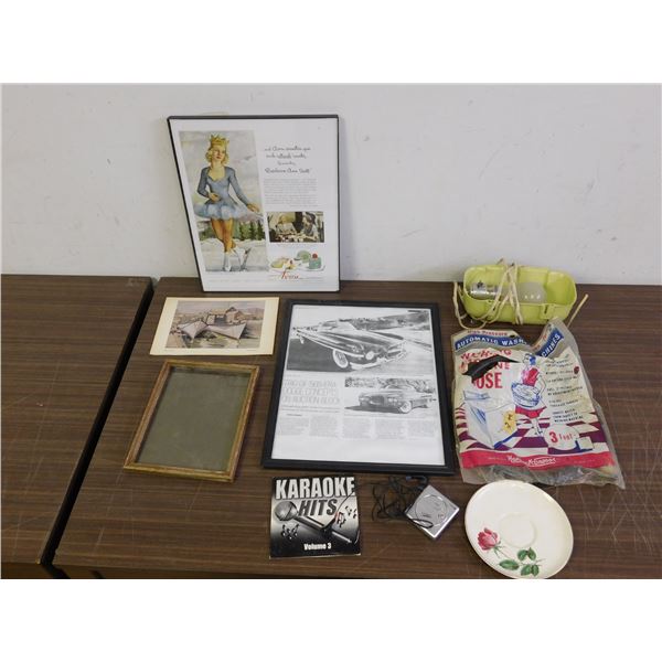 JUNK DRAWER Lot Framed Advertisement Clippings, Saucer, Etc