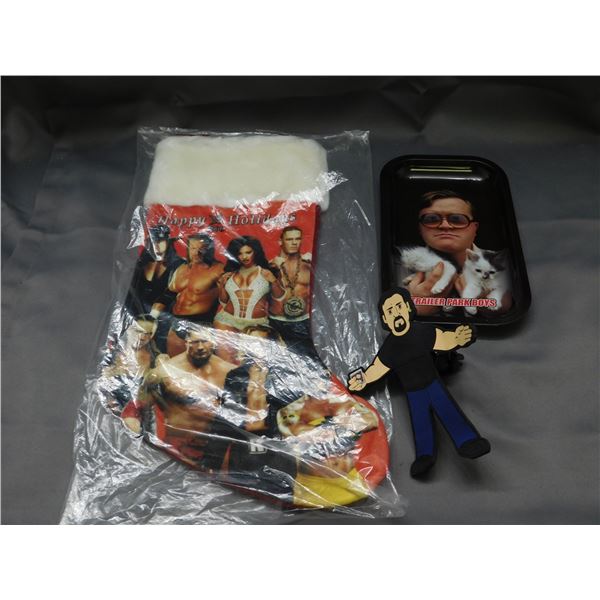 3pcs WWE WWF Happy Holidays Hanging Stocking, Trailer Park Boys Tray, Phone Holder Mount