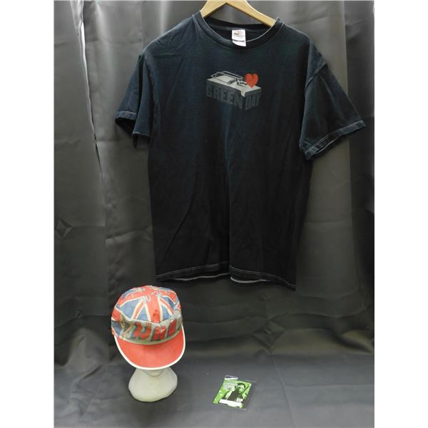 3pcs Band Memorabilia Green Day T-Shirt Fruit of the Loom Size L, The Who Hat, Lenny Kravitz Pass