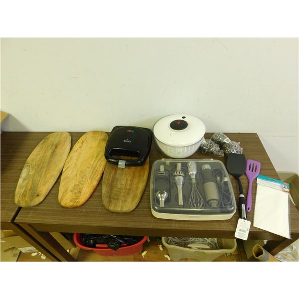 Lot of Kitchen Items Tomahawk Steak Wooden Servers (cleaned), Salad Spinner, Hand Whisk / Froth Kit