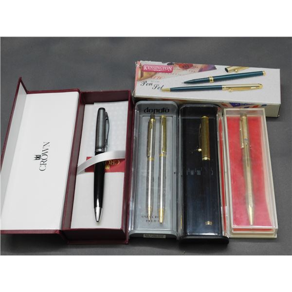 Lot of Ball Point Pens, Pen & Pencil Sets Kensington, Crown , Donato,