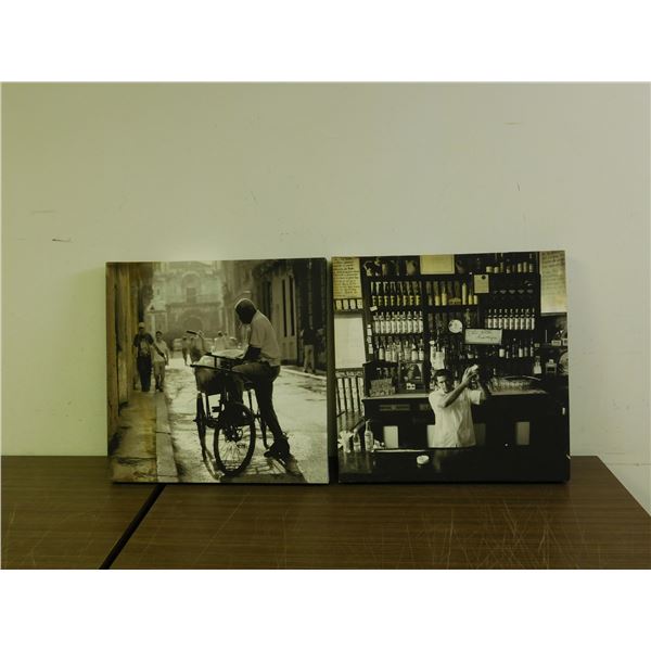 Lot of 2 Canvas Prints of Antique Black & White Photographs Man on Bicycle and Bartender