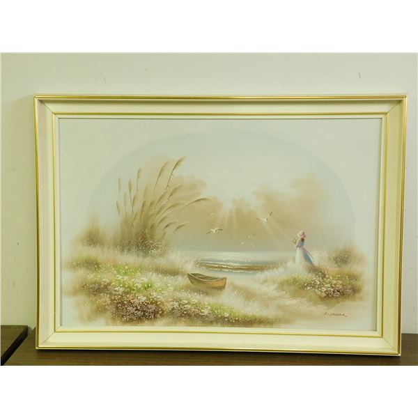 Artist Signed Orignal Painting of Woman by Lake Surrounded by Flowers K. Beiber