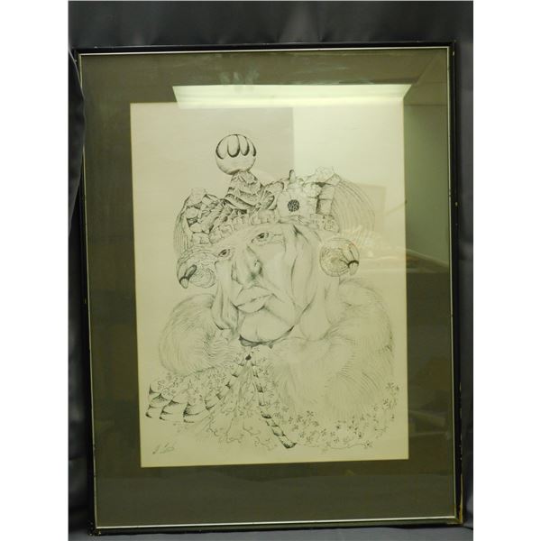 Original Ink Drawing Artist Signed Man Adorned in Fur & Horned Helmet