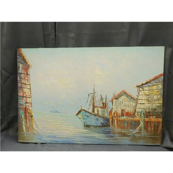 Heavy Palette Canvas Painting Boat at Pier Artist Signed