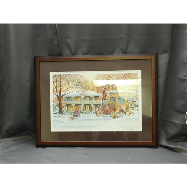 Framed Carole Black Artist Signed & Numbered Print Snowwy Front of House, Horse & Carriage