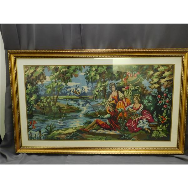 Cross-Stitch Needlepoint Framed Artwork of Ladies by the Water