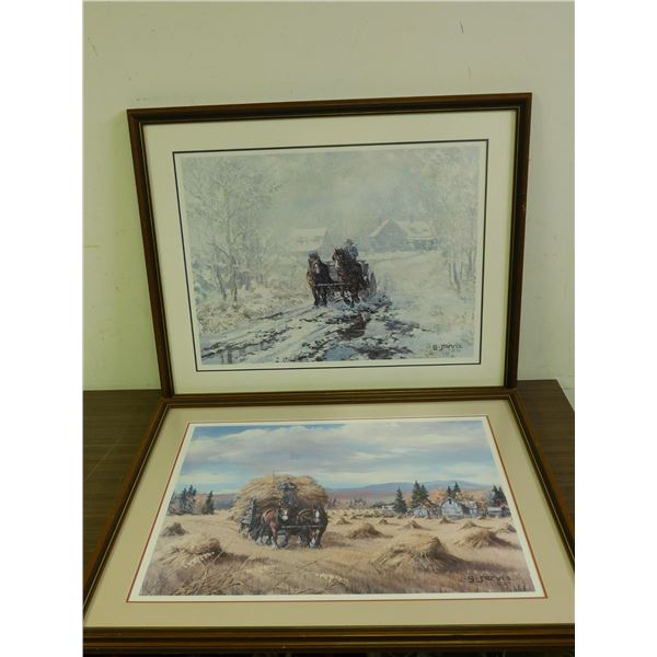 Pair of Framed Art Prints by G.Jarvis 86, 87 Winter & Autumn Scenes Horse & Carriage,