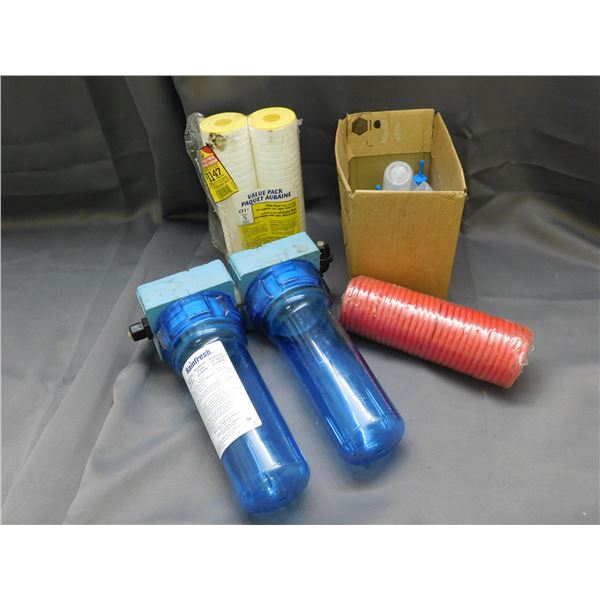 Lot of Assorted Rainfresh Drinking Water System, Red Small Tube, Sauce Bottles, Filter Cartridges