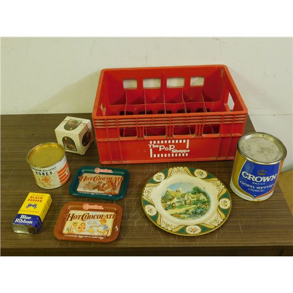 Vintage Lot Pop Shoppe Crate, Household Tins, Trays, Candle Holder,