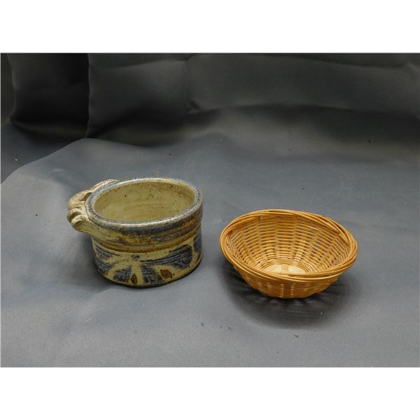 Lot of 2 Small Pottery Dish Artist Signed Stoneware & Wicker Basket